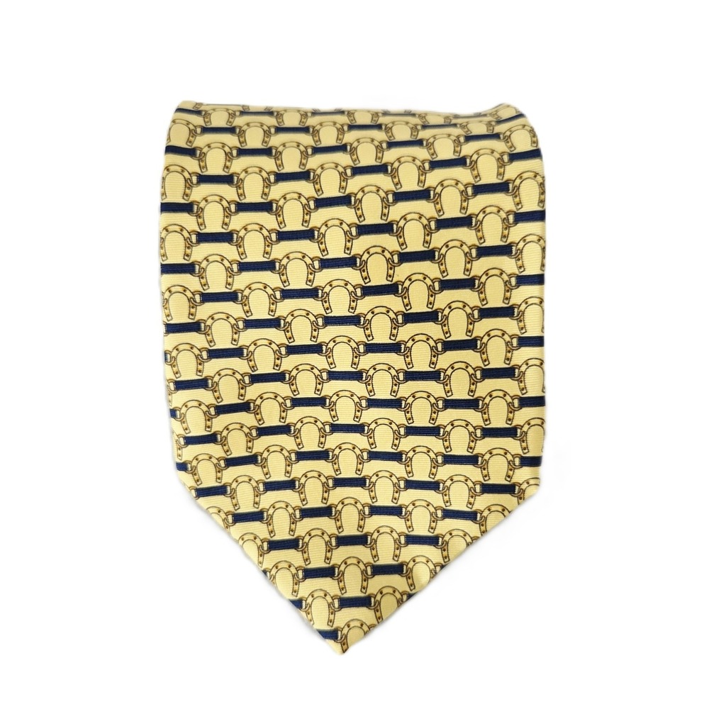 Vintage Paolo Gucci Silk Tie Equestrian Stirrup Chain Yellow Navy Made in Italy